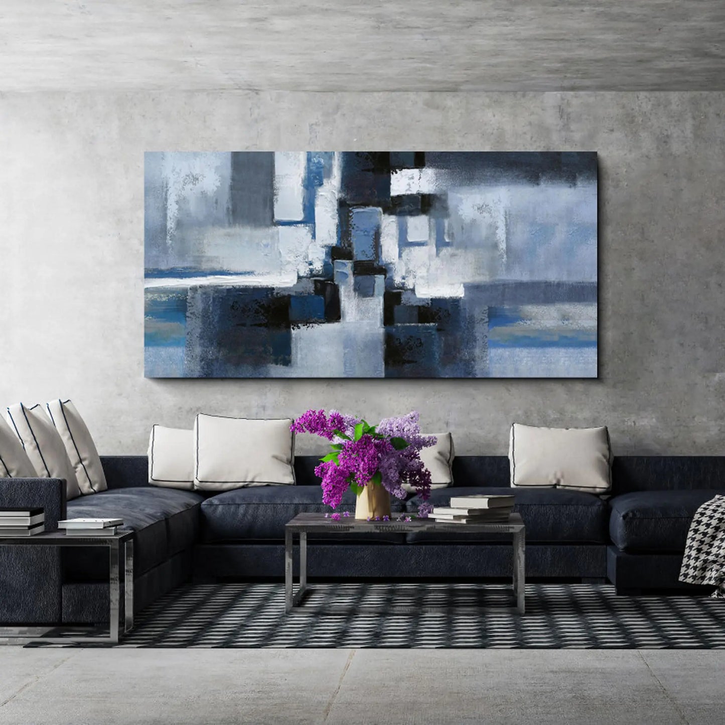 KLAKLA Abstract Canvas Artwork - Blue and Black Urban Symphony - Framed 20x40 Inches for Living Room