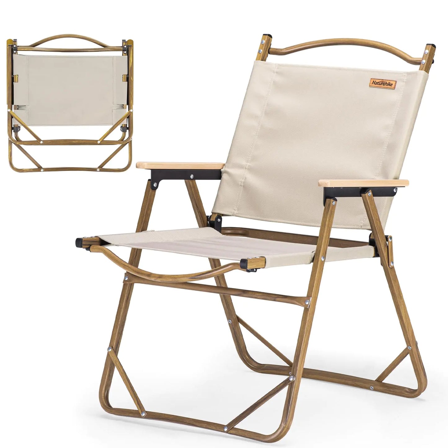 Naturehike Large Camping Chair Portable Folding Camping Beach Chair Aluminum Outdoor Kermit Chair with Solid Wood Armrest Portable Fishing Chair for Hiking Lawn Picnic Supports 330 Lbs - Khaki