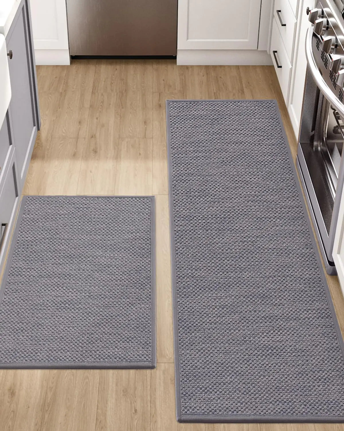 DEXI Kitchen Rugs and Mats for Floor 17x29 + 17x59 Non Slip Washable Absorbent Thin Woven Runner Rug for Front of Sink Laundry Room Hallway Grey