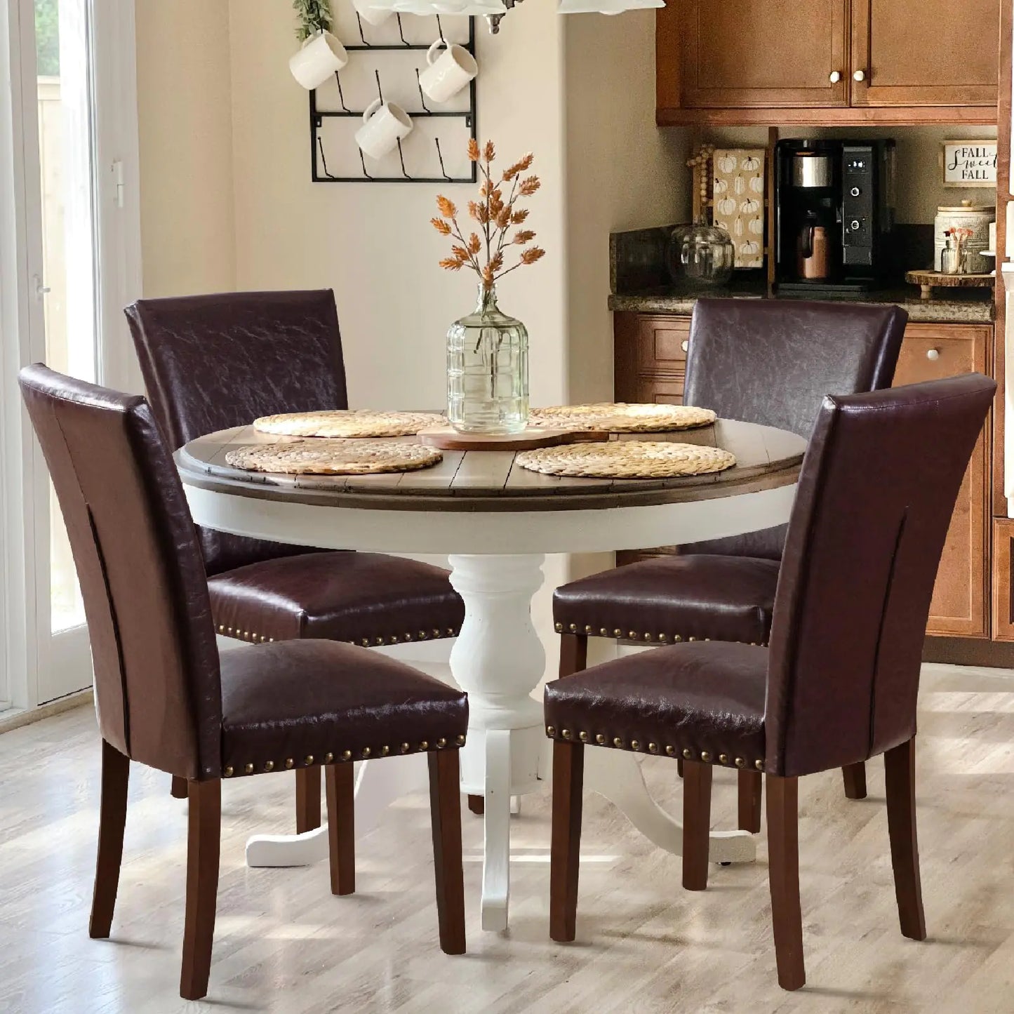 COLAMY Upholstered Parsons Dining Chairs Set of 4 PU Leather Dining Room Kitchen Side Chair with Nailhead Trim and Wood Legs - Dark Brown