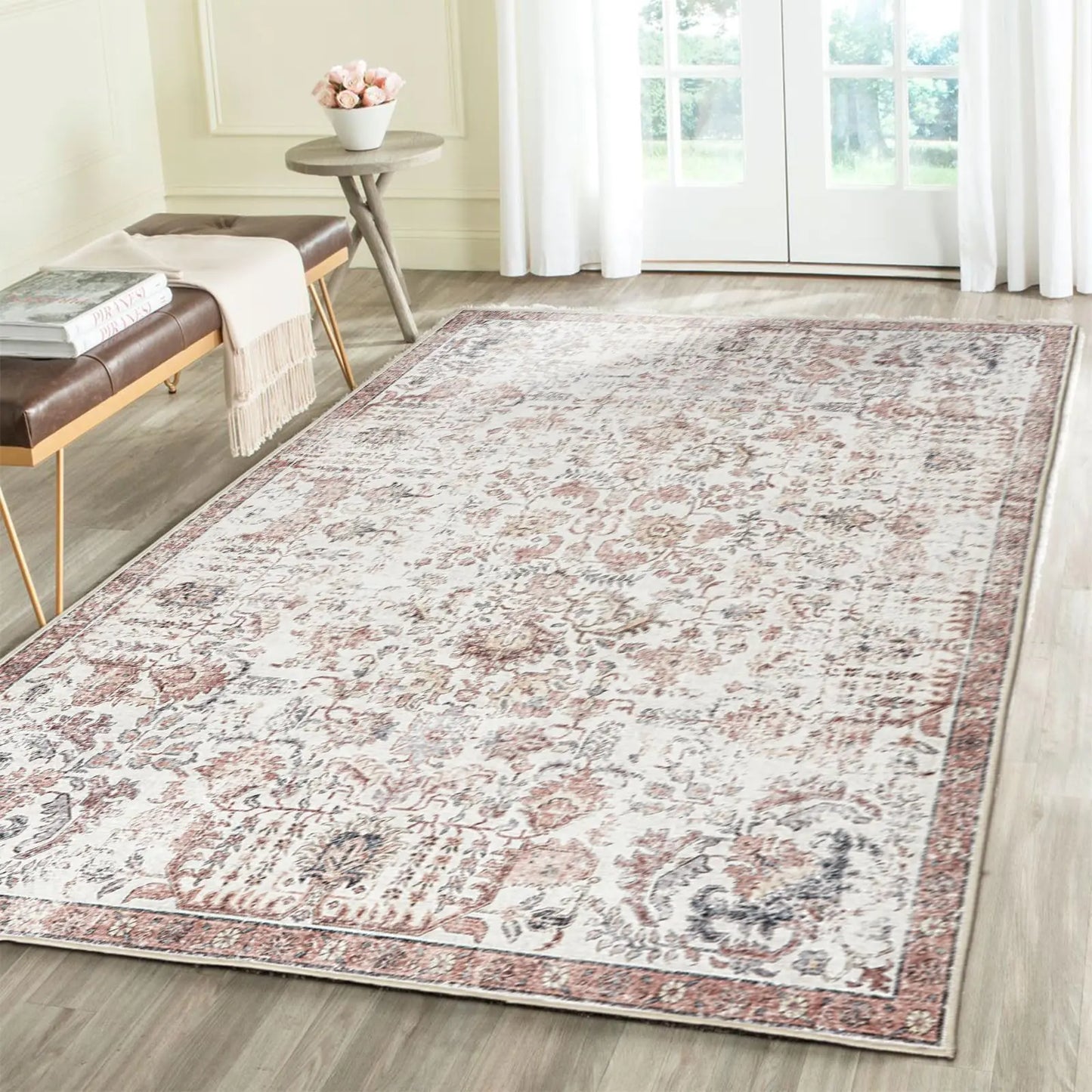 COLLACT 4x6 Area Rug - Washable Living Room Rug Vintage Floral Rug Distressed Red Bedroom Rug Retro Farmhouse Traditional Boho Rug Non Slip Low Pile Rug Indoor Dining Room Office Kitchen Rug