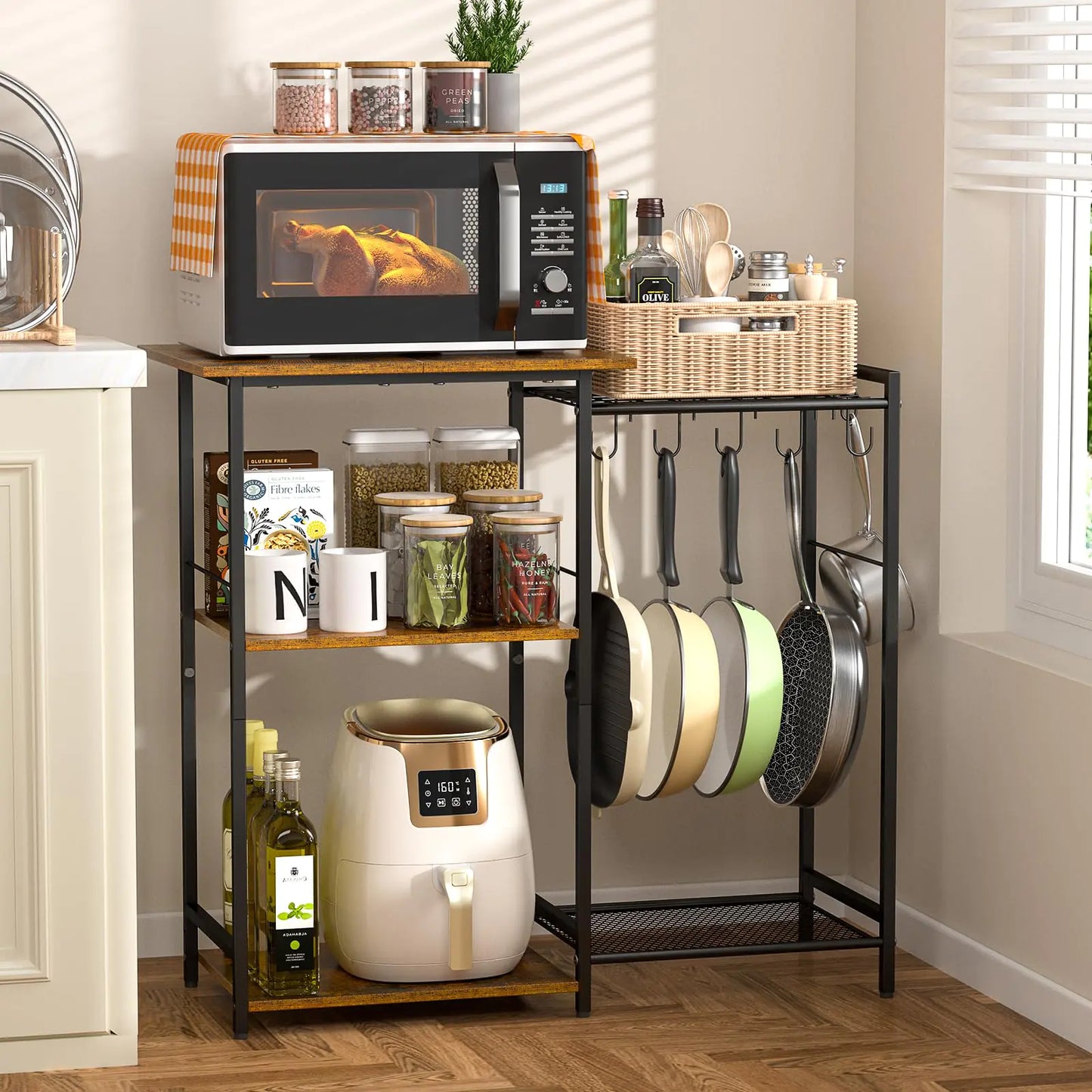 Kitchen Stand with Pots Rack Utility Microwave Oven Stand with Storage 5 Tiers Coffee Bar Table Small Kitchen Bakers Rack with 6 S Hooks Kitchen Storage Shelf Rack for Spices Pots Rustic Brown