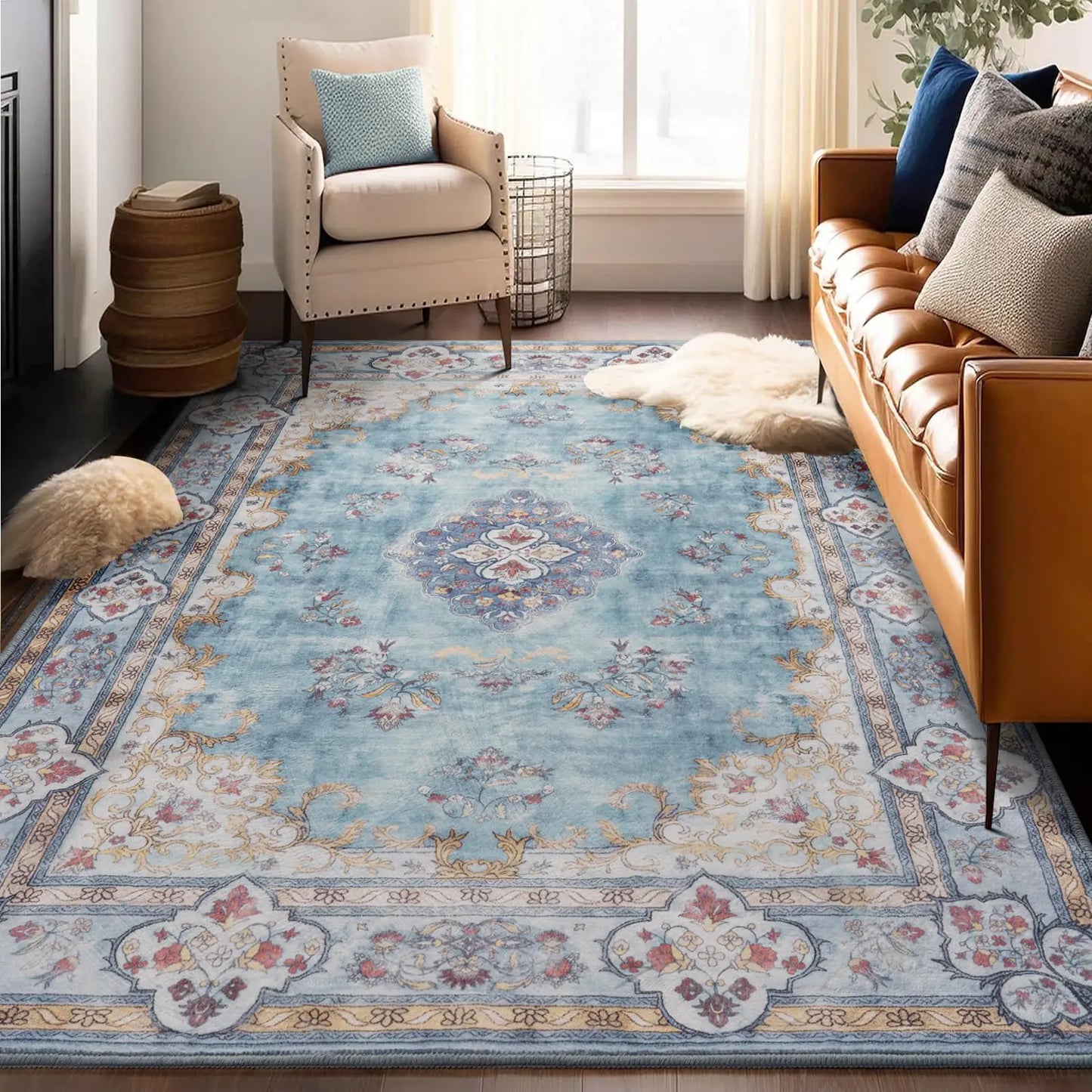 Area Rug Living Room Rug 4x6 Vintage Boho Washable Rug Blue Non Slip Foldable Faux Wool Carpet Fluffy Non-Shedding Rugs for Living Room Bedroom Dining Room Kids Playroom