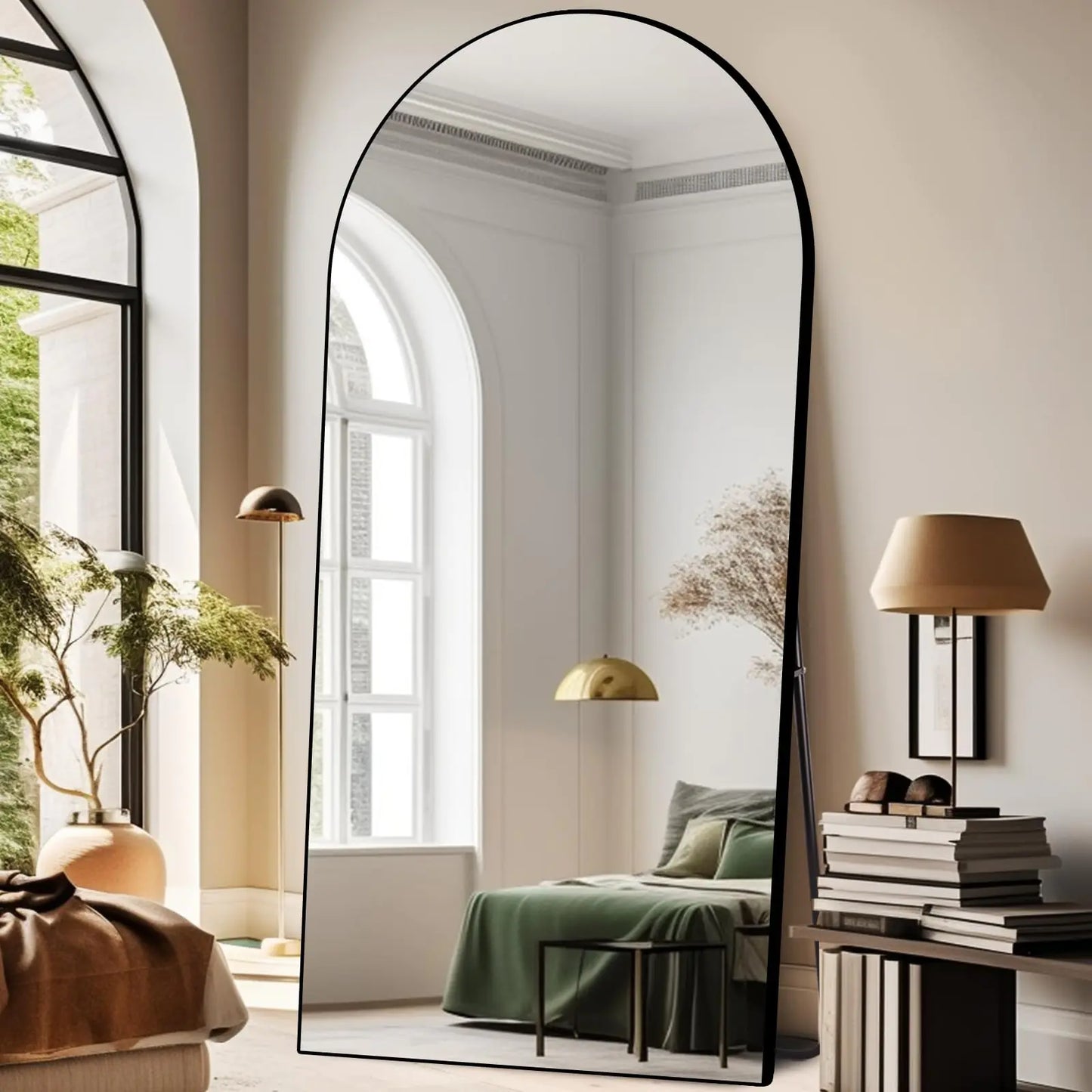 ABSWHLM 71"x32" Arched Mirror Full Length Large Mirror with Stand Aluminum Alloy Frame Floor Mirror for Living Room Bedroom Hanging Standing or Leaning Wall-Mounted Black