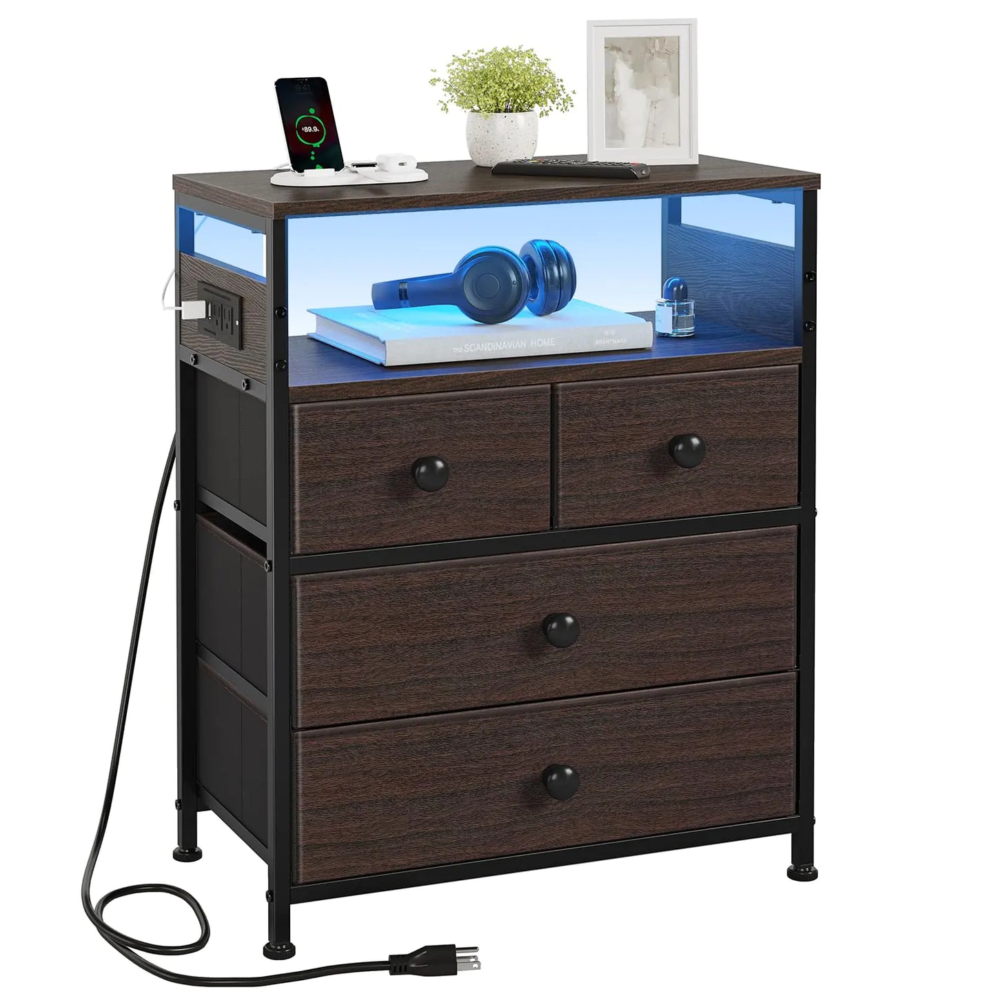 REAHOME Nightstand with Charging Station Bedside Table with 4 Drawers and 2-Tier Shelf Modern End Table with Wooden Top for Bedroom Living Room Hallway-Rustic Brown