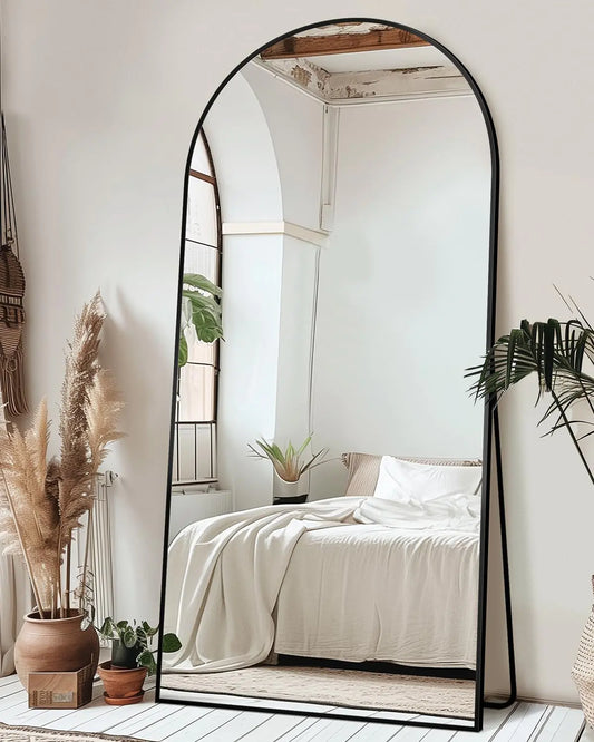 Full Length Mirror with Stand 76"x34" Arched Full Body Mirror Large Stand Up Mirror Aluminum Frame Floor Standing Mirror Freestanding Hanging Leaning Mounted for Bedroom Living Room Entryway Black
