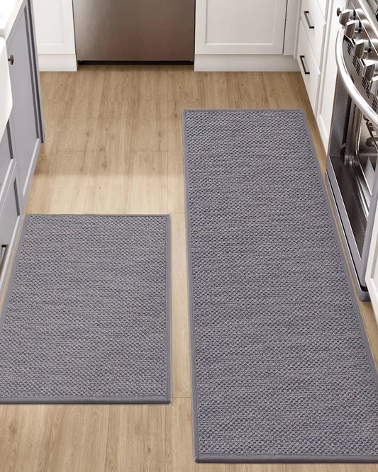 DEXI Kitchen Rugs and Mats for Floor 17x29 + 17x59 Non Slip Washable Absorbent Thin Woven Runner Rug for Front of Sink Laundry Room Hallway Grey