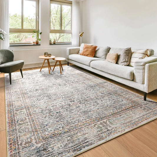 Area Rugs 4x6 Washable Rug for Bedroom Living Room Accent Vintage Floral Rugs Non Slip Distressed Thin Throw Low Pile Indoor Floor Carpet for Bedside Nursery Kids Room Farmhouse Beige/Pink/Multi