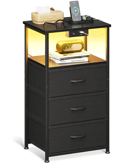 Casaottima Night Stand with Charging Station End Table for Bedroom Small Nightstand with Fabric Drawers Tall Nightstand for Bedroom Bedside Table Black