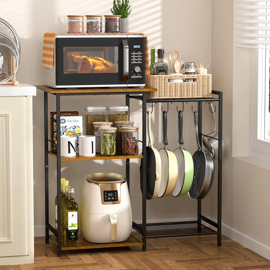 Kitchen Stand with Pots Rack Utility Microwave Oven Stand with Storage 5 Tiers Coffee Bar Table Small Kitchen Bakers Rack with 6 S Hooks Kitchen Storage Shelf Rack for Spices Pots Rustic Brown