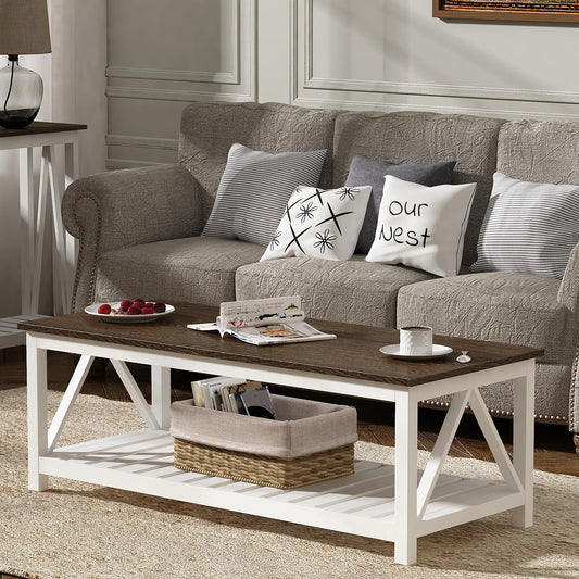 ChooChoo Farmhouse Coffee Table Rustic Vintage Living Room Table with Shelf 47 White