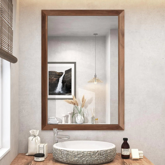 SMIROR 24x36 Inch Wood Grain Bathroom Mirrors for Over Sink Walnut Metal Framed Vanity Mirror for Wall Rectangular Right Angle Corner Thick Frame (Horizontally/Vertically)