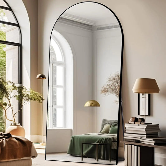 ABSWHLM 71"x32" Arched Mirror Full Length Large Mirror with Stand Aluminum Alloy Frame Floor Mirror for Living Room Bedroom Hanging Standing or Leaning Wall-Mounted Black