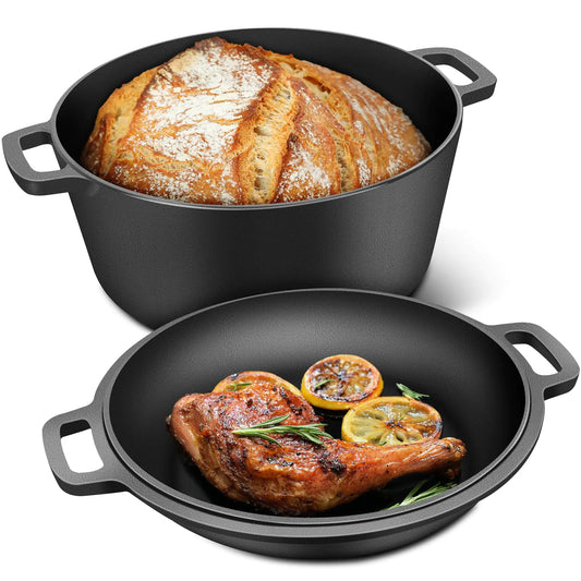 RAINBEAN Versatile Pre-Seasoned Cast Iron Dutch Oven with Skillet Lid - 5.5 QT