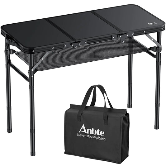 Anbte Folding Camping Table with Storage Net 3ft Camping Table Aluminum Folding Table with 3 Adjustable Height Max 27.1 Inch Picnic Table Portable Table for Outdoor Backyard BBQ (Black)