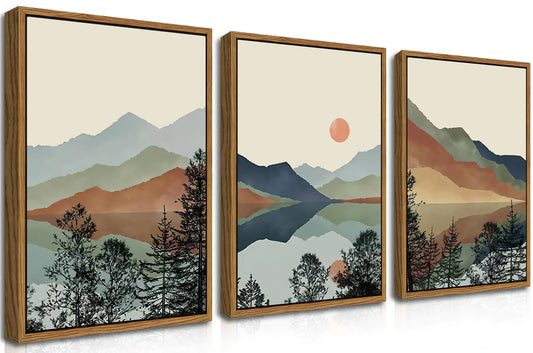 Serenity Mountain Trio Canvas Art Set: Boho Watercolor Nature Landscape