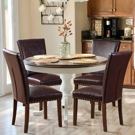 COLAMY Upholstered Parsons Dining Chairs Set of 4 PU Leather Dining Room Kitchen Side Chair with Nailhead Trim and Wood Legs - Dark Brown