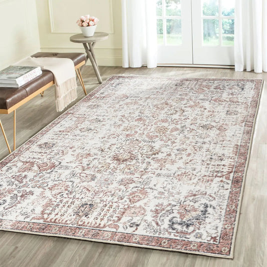 COLLACT 4x6 Area Rug - Washable Living Room Rug Vintage Floral Rug Distressed Red Bedroom Rug Retro Farmhouse Traditional Boho Rug Non Slip Low Pile Rug Indoor Dining Room Office Kitchen Rug
