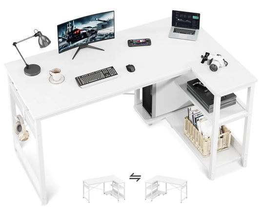 Casaottima L Shaped Computer Desk 48 Inch Small Corner Desk with Storage Shelves & PC Stand Reversible Gaming Desk for Bedroom Modern Writing Study Table for Home Office White