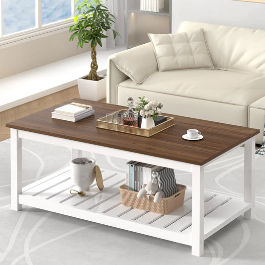 FOLUBAN Farmhouse Coffee Table Modern Rectangle Center Table with Storage Shelf Rustic Wood Cocktail Tea Table for Living Room 40 Inch White & Walnut