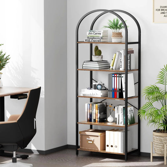 Homhedy 5-Tier Bookshelf Arched Display Racks Wood and Metal Bookcase Tall Bookshelf Industrial Display Standing Shelf Unit for Home Office Living Room Bedroom Bathroom Rustic Brown