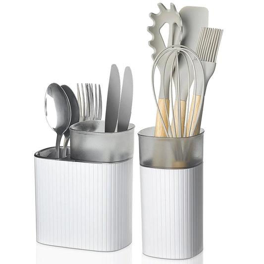 Utensil Holder for Kitchen Plastic Kitchen Cutlery Drainer Sink Caddy Removable Drainable 2 Compartments Utensil Organizer for Chopsticks Spoon Knife and Fork