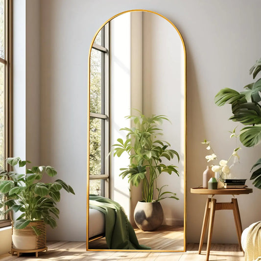 Dewfig Arched Full Length Mirror 64"*21" Large Floor Mirror with Stand Full Body Mirror Standing Mirror for Leaning or Hanging Bedroom Living RoomDressing Room Aluminum Alloy Frame Gold