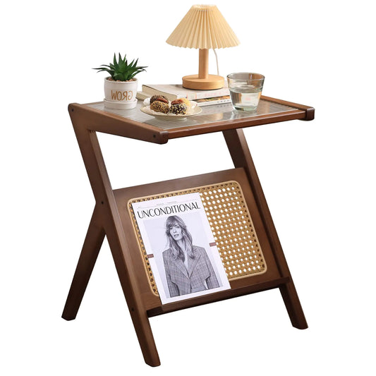 Tiita Rattan Side Table Mid Century Nightstand Bamboo Accent Bedside Tables Glass Coffee Tables Boho Wooden End Table with Storage for Small Space Living Room and Bedroom