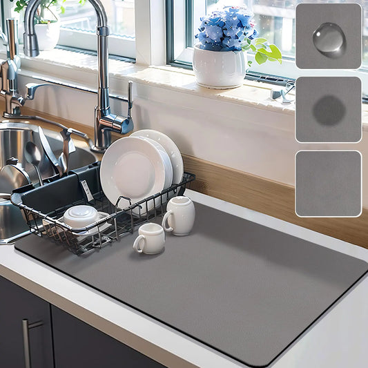 Dish Drying Mat for Kitchen Counter Dish Drying Pad with Non-Slip Rubber Backed Hide Stain Anti Absorbent for Kitchen Counter (Grey 20" x 16")