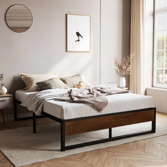 SHA CERLIN Queen 14' Rustic Wooden Metal Platform Bed with Ample Storage/No Box Spring Required