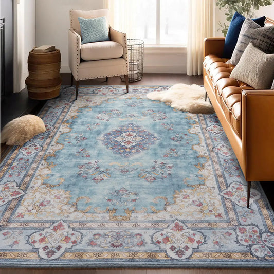 Area Rug Living Room Rug 4x6 Vintage Boho Washable Rug Blue Non Slip Foldable Faux Wool Carpet Fluffy Non-Shedding Rugs for Living Room Bedroom Dining Room Kids Playroom