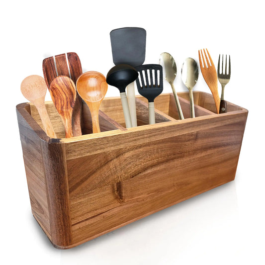 Dstuff Large Kitchen Utensil Holder Organizer for Counter or Countertop Large Wooden Utensil Holder for Storage Cooking and Silverware Acacia Rustic Wood Container Large (Acacia 4 Compartments)