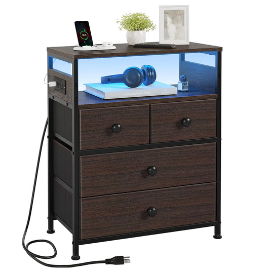 REAHOME Nightstand with Charging Station Bedside Table with 4 Drawers and 2-Tier Shelf Modern End Table with Wooden Top for Bedroom Living Room Hallway-Rustic Brown