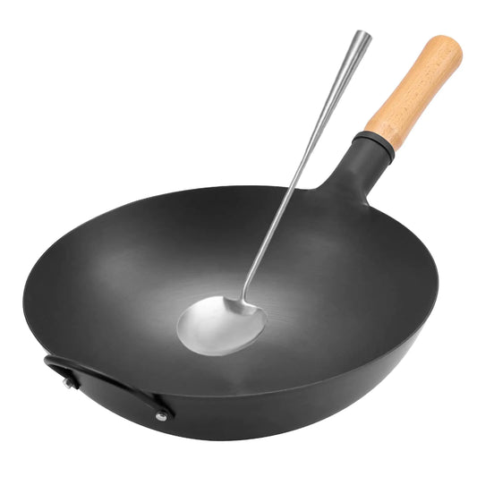 WANGYUANJI Classic Iron Wok 14.17'' Chef-Grade Stir-Fry Pan with Natural Wooden Handle