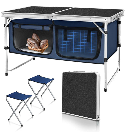 Folding Camping Table with Storage Compartment Aluminum Lightweight Camp Kitchen Table Height Adjustable Indoor/Outdoor Table Perfect for Tailgating Backyards BBQ Picnic (Black-Wide W/Stool)