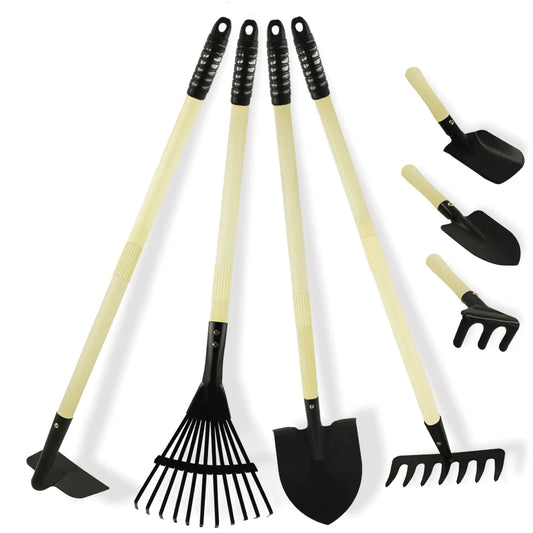 POMIKU Kids Garden Tools Rake and Shovel Set 7 Pieces Gardening Tools for Yard Beach Camping Play Outside Toys for Kids Ages 3 up Gift