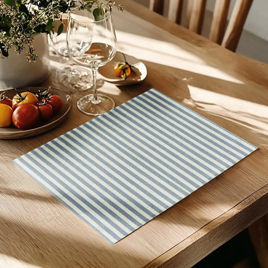 JINCHAN Linen Striped Placemats Set of 4 Gray Farmhouse Cloth Place Mats Sturdy Holiday Table Mats Soft Washable Placemats for Kitchen Dining Home Decor Table Double Layer Tablemats 13x19 Inch Blue