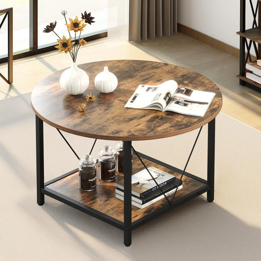 YITAHOME Round Coffee TableRustic Wood Coffee Tables for Living Room with Storage Shelf Modern Farmhouse Circle Coffee Table Center with Sturdy Metal Legs Home FurnitureRustic Brown