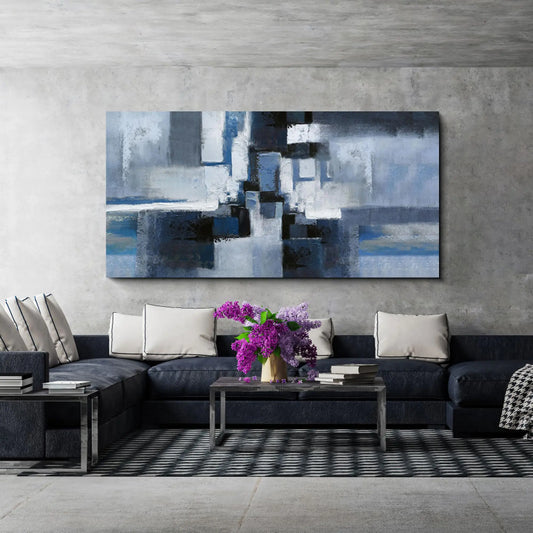 KLAKLA Abstract Canvas Artwork - Blue and Black Urban Symphony - Framed 20x40 Inches for Living Room