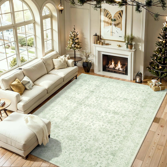 Washable Rugs 8x10 Area Rugs Soft Vintage Living Room Rug with Anti-Skid Backing Stain Resistant Thin Indoor Carpet Large Area Rug for Bedroom Under Dining Room Table Nursery Entryway-Light Green