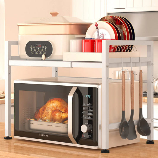PUSDON Extendable Microwave Oven Rack Adjustable Microwave/Toaster Shelf Heavy Duty Stand Kitchen Counter Top Organizer(L15.7~23.6" xW12.6 xH18.9) 2-Tier with 3 Hooks 160lbs Weight Capacity White