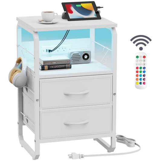 runjuly LED Nightstand White Night Stand with Charger Station Bed Side Table with Storage Bedside Table with Drawers & Hooks End Table with USB Ports & Outlets Night Table for Living Room Dorm