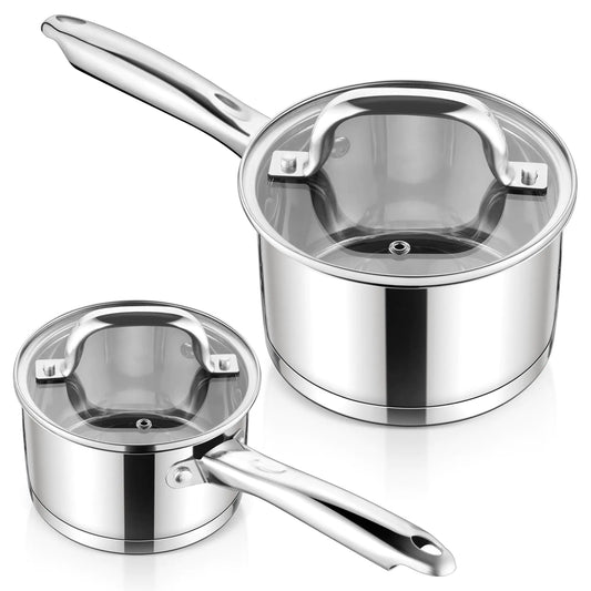 E-far Dual Stainless Steel Saucepan Combo - 2QT & 3QT Induction Cookware with Transparent Lids, Healthy & Oven-Safe