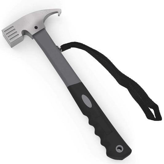 Camping Hammer Heavy Duty with Tent Stake Remover 12.6" Steel Tent Hammer - Rubber Covered Handle Tent Mallet with Holding Strap (Black)