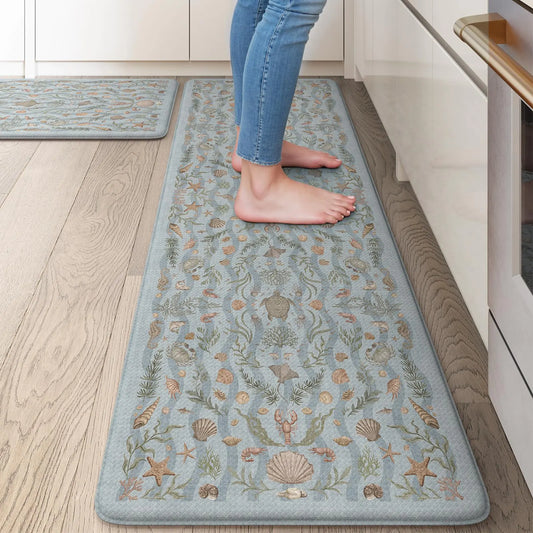 Sungea Coastal Anti Fatigue Mats for Kitchen FloorNon-Slip Kitchen Mat Rubber Cushioned Kitchen Rugs Ergonomic Waterproof Comfort Kitchen Sink Mat for Laundry 17.3"x29"+17.3"x59"(Light Blue)