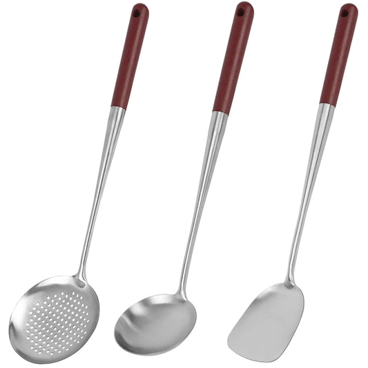HAKSEN Elite 17" Stainless Steel Wok Utensil Set with Wooden Handles